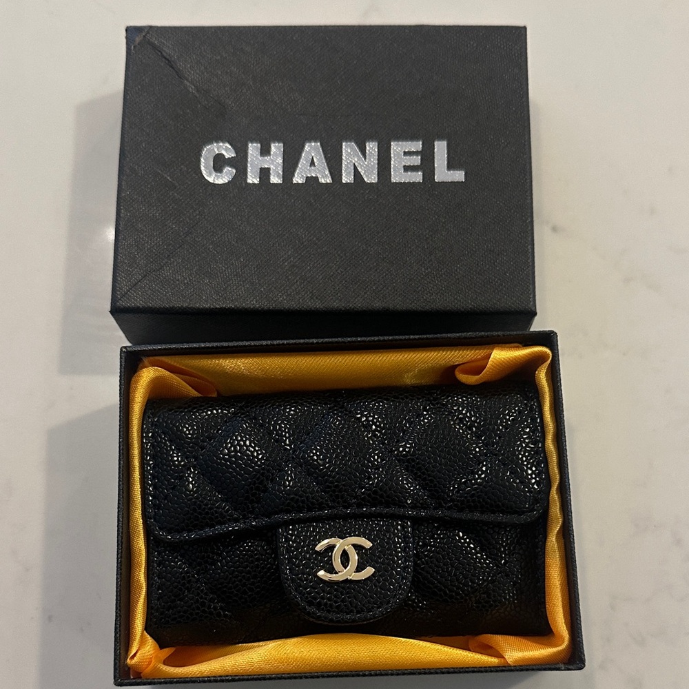 Quilted Flap Card Holder Wallet Black Caviar